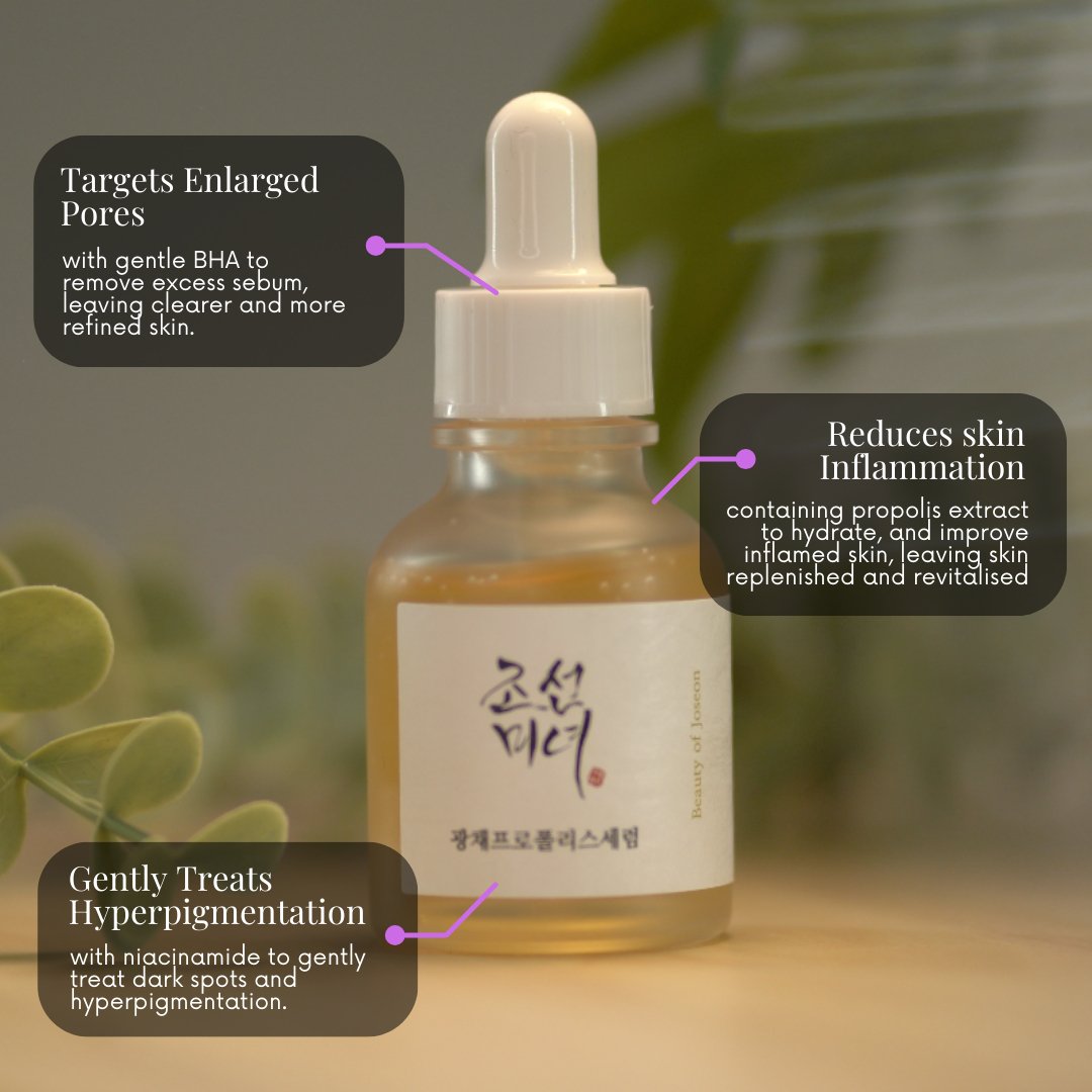 Photograph of Beauty of Joseon Glow Serum : Propolis + Niacinamide bottle with labels indicating key features of the product