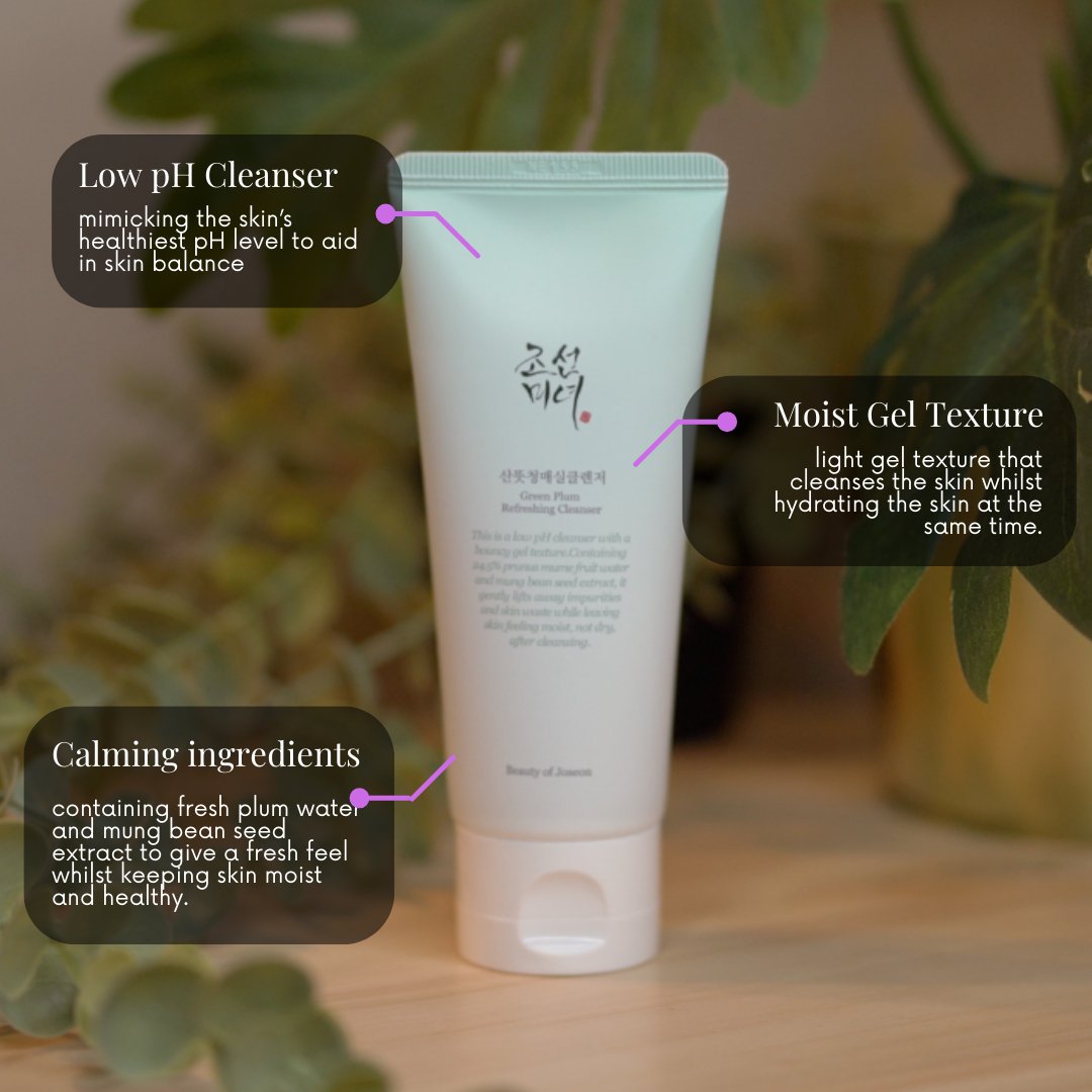 photograph of Beauty of Joseon Green Plum Refreshing Cleanser with labels indicating key features of the product