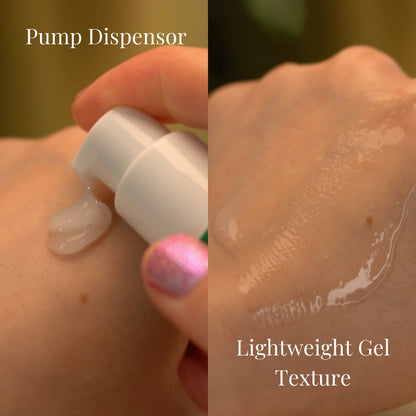 Photograph collage showing the texture of the Axis Y Dark Spot Correcting Glow Serum when pumped from the tube and when applied onto the skin